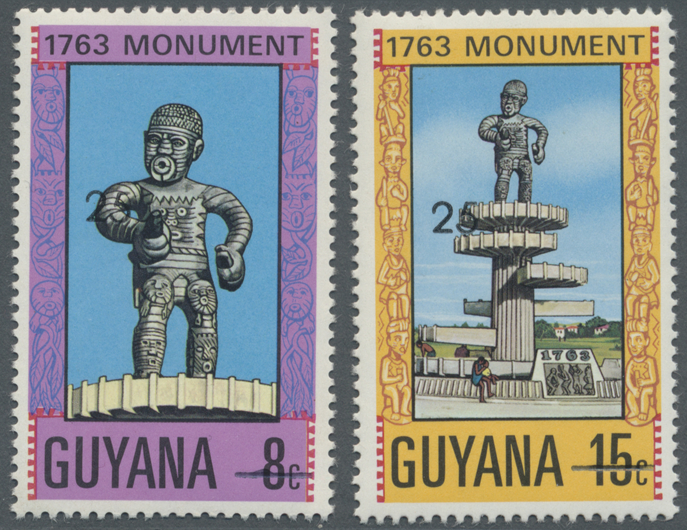 ** Guyana: 1982 (or Later). Lot Of 2 Essays For Not Issued "25" [c] Surcharges On 8c And 15c "Cuffy Monument". Mint, NH. - Guyana (1966-...)