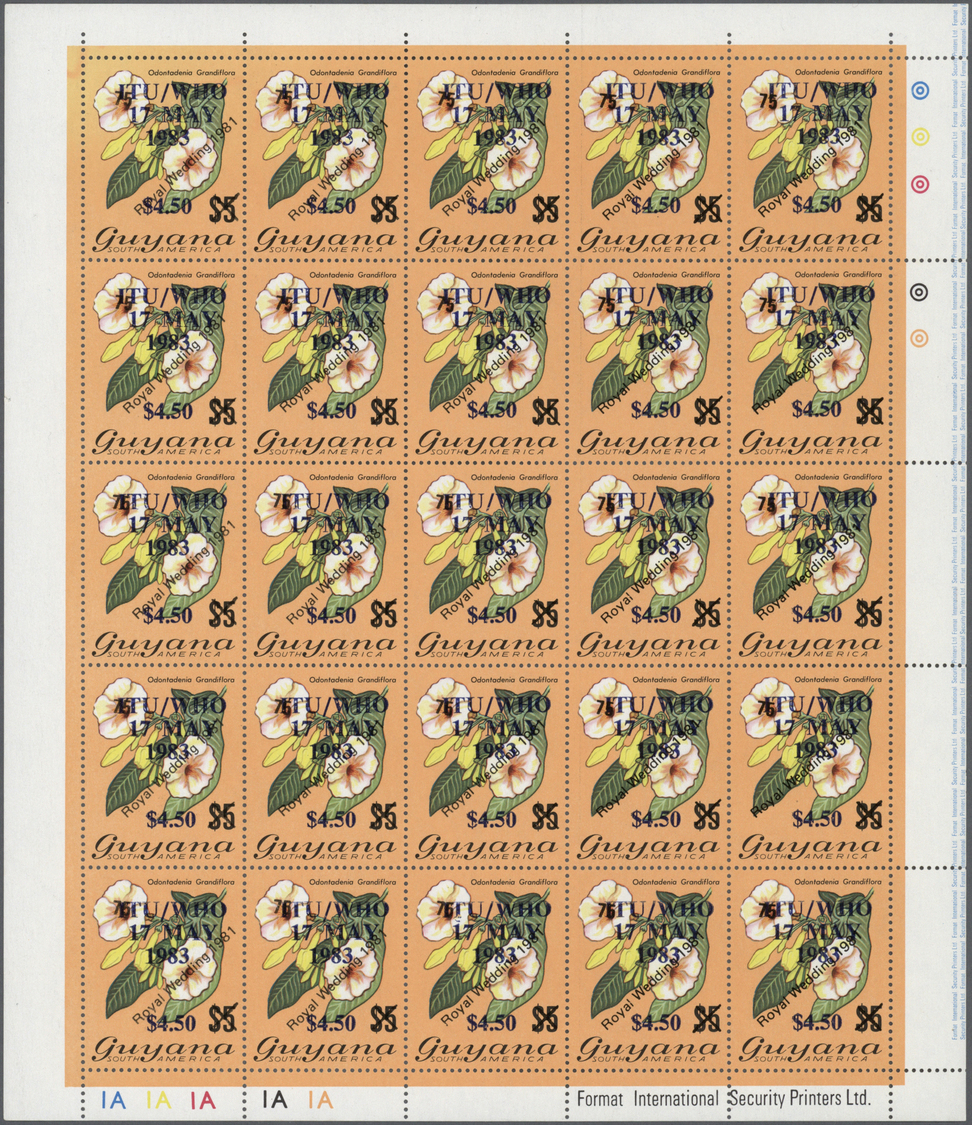 ** Guyana: 1983. Surcharge $4.50 On Primary Stamp Sc #332 "Royal Wedding 1981" (diagonal) With Overprint "ITU/WHO / 17 M - Guyana (1966-...)