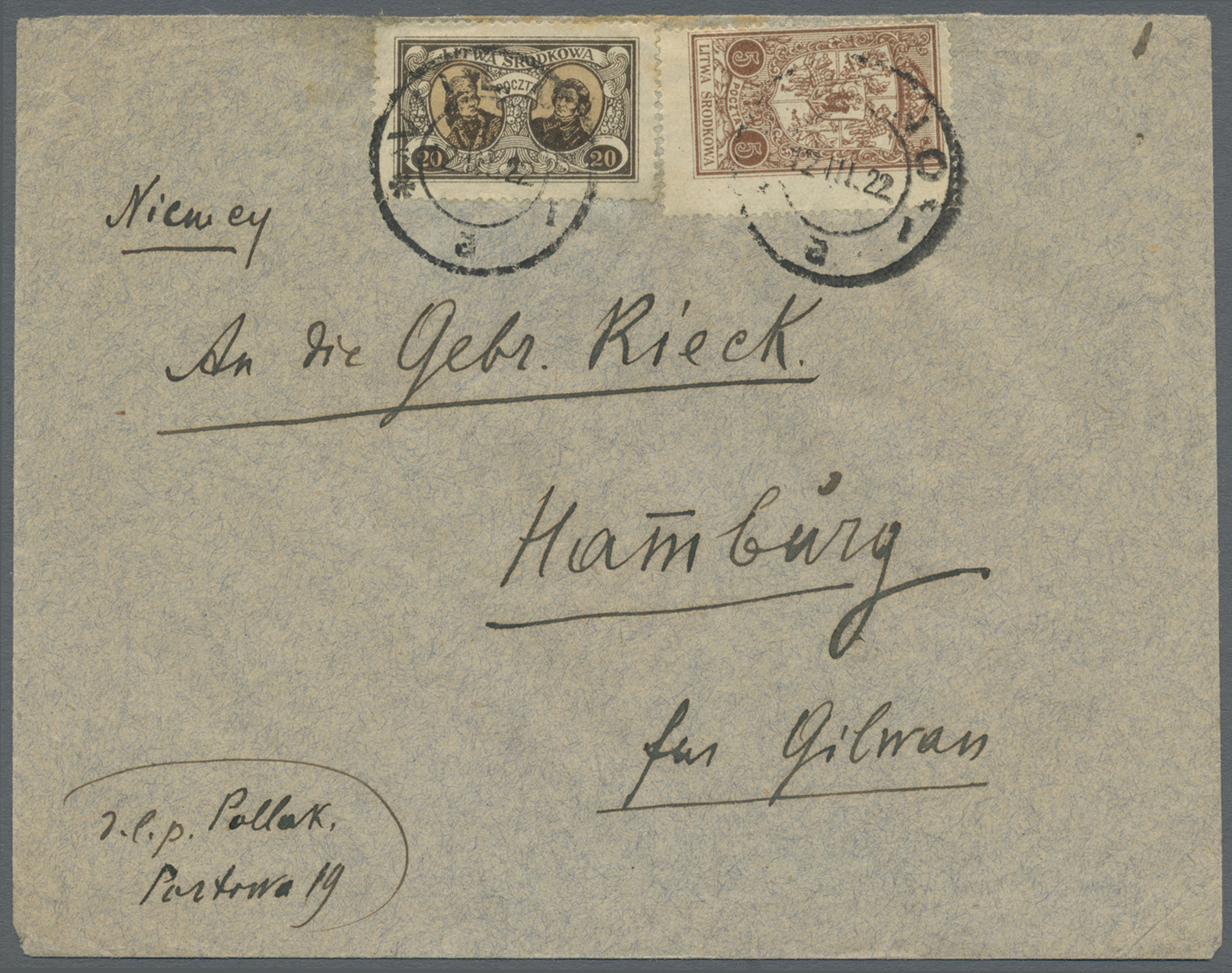 Br Mittellitauen: 1921, Freimarken 20 M Und 5 M Zusammen Auf Brief Von "VILNO 12.III.22" Nach Hamburg. - Lithuania