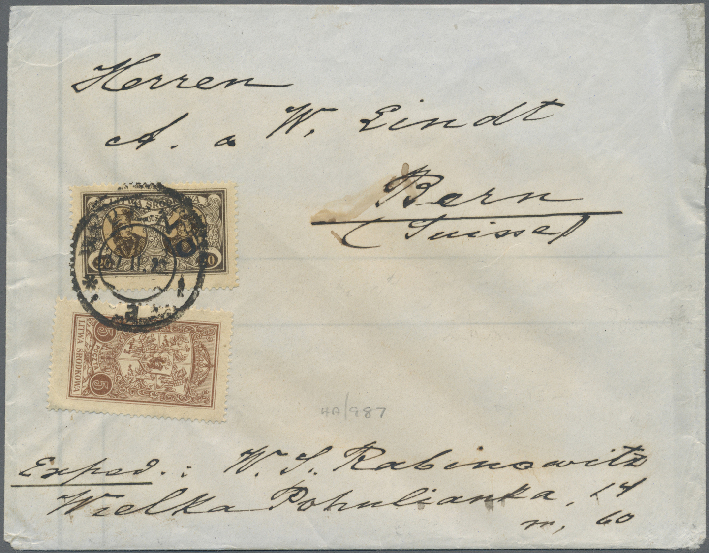Br Mittellitauen: 1921, 20 M And 5 M Defintitives On Letter From "WILNO 27.II.22" To Bern, Suisse. - Lithuania