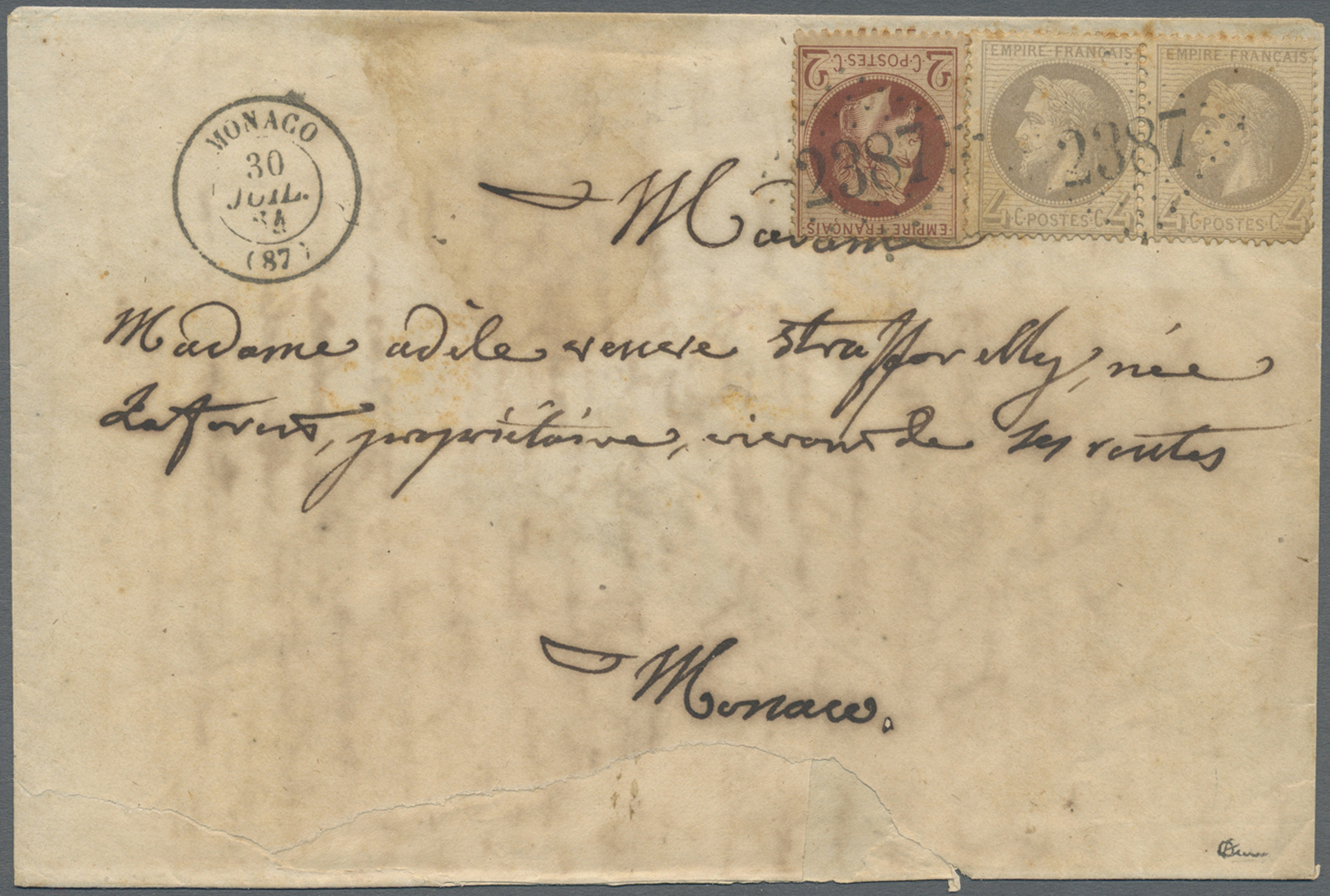 Br Monaco - Vorläufer: 1864, France Naopléon III. 2 C. Red-brown And Horizontal Pair 4 C. Grey, Tied By GC "2387" - ...-1885 Préphilatélie