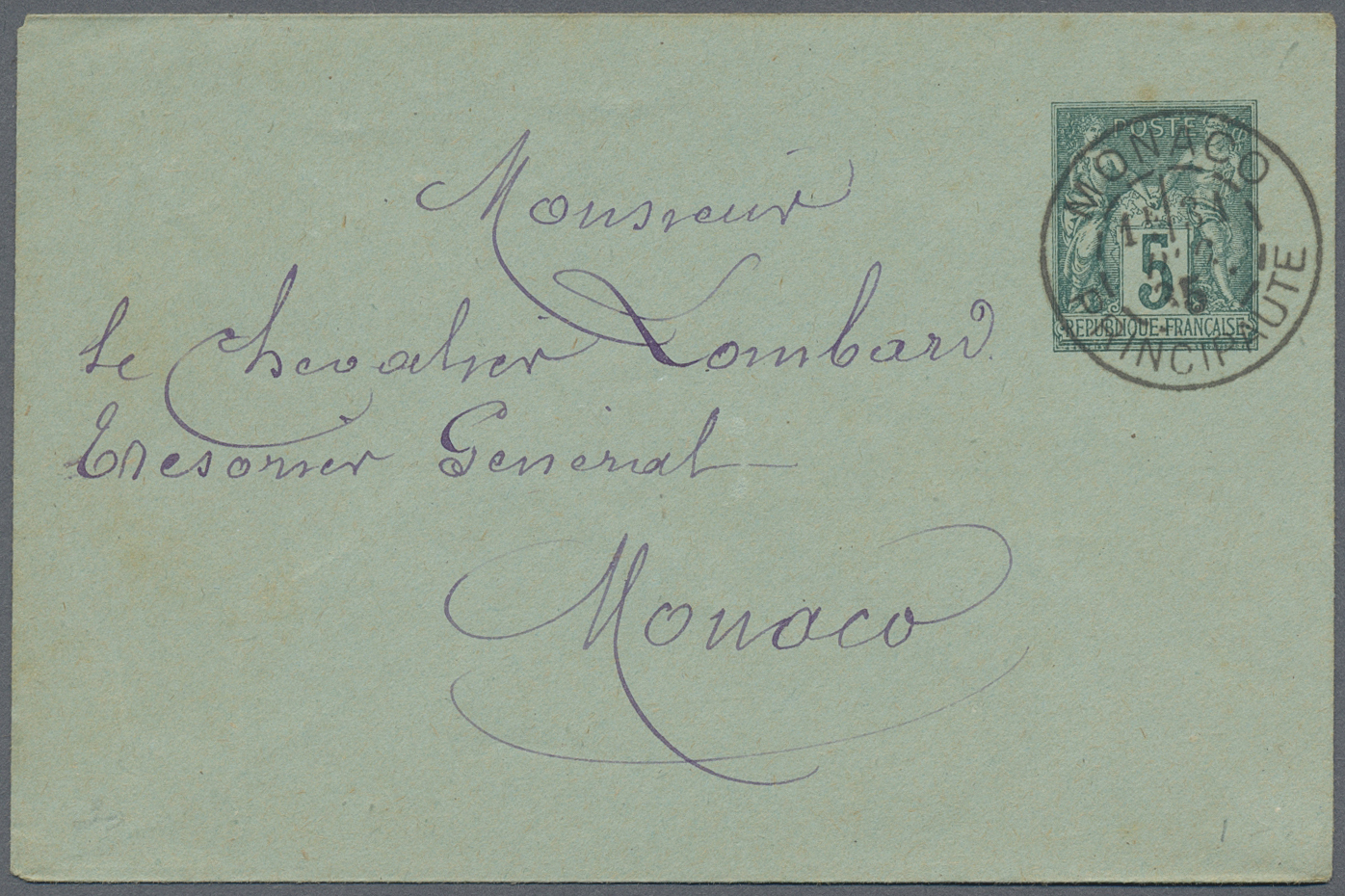 GA Monaco - Vorläufer: 1885, France: 5 C Green Sage Postal Stationery Envelope, Local Usage As Forerunner With Cd - ...-1885 Préphilatélie