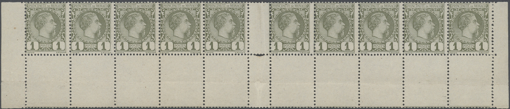 ** Monaco: 1885, 1 C. Fürst Charles III. Als Postfrischer 10-er Streifen Vom Unterrand Mit Leerfeldern Und Zwisch - Unused Stamps