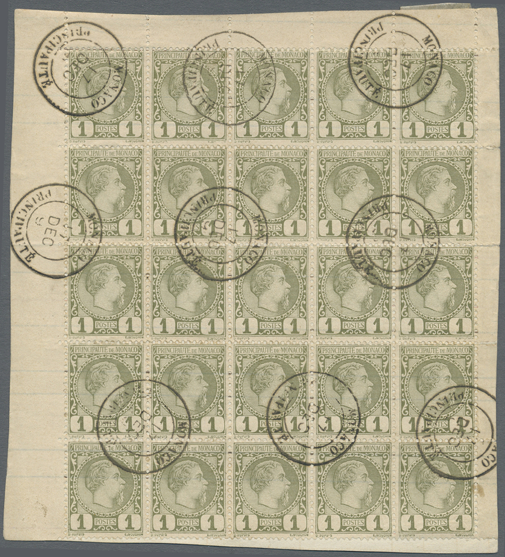 Brrst Monaco: 1885, 1 C Brown Olive In Block Auf 25 On Piece, Margins On Three Sides, Scarce - Unused Stamps