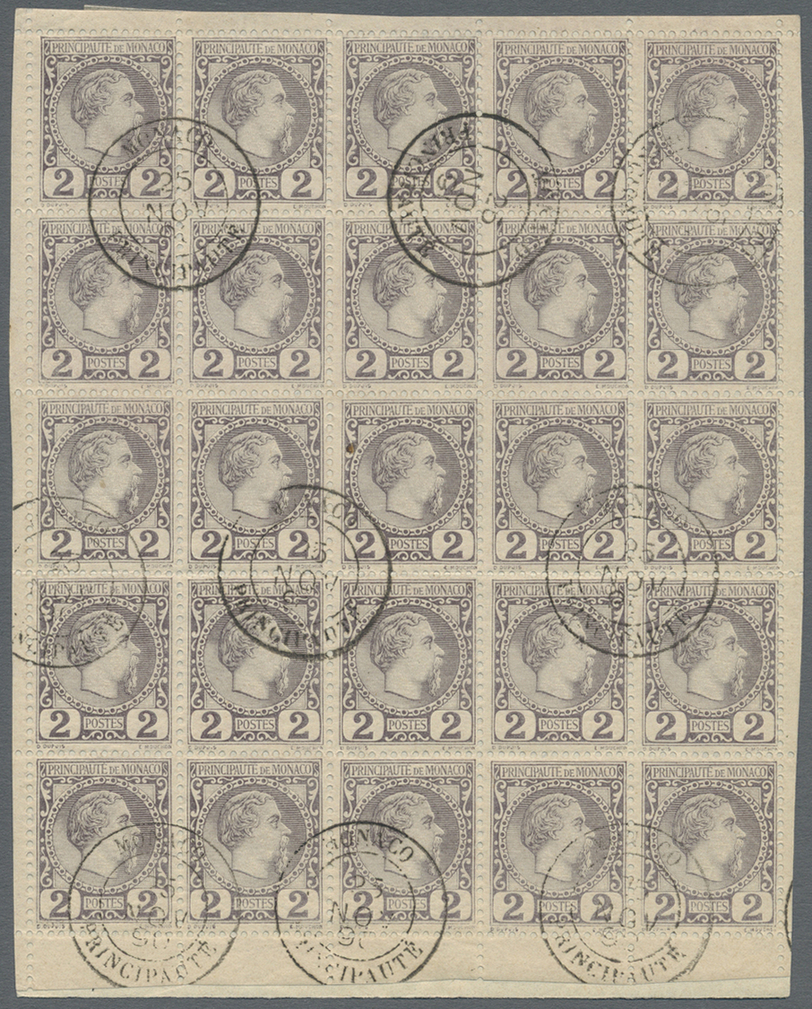 Brrst Monaco: 1885, 2 C Lilac In Block Of 25 Cancelled On Piece, All Sides With Margins, Scarce - Neufs