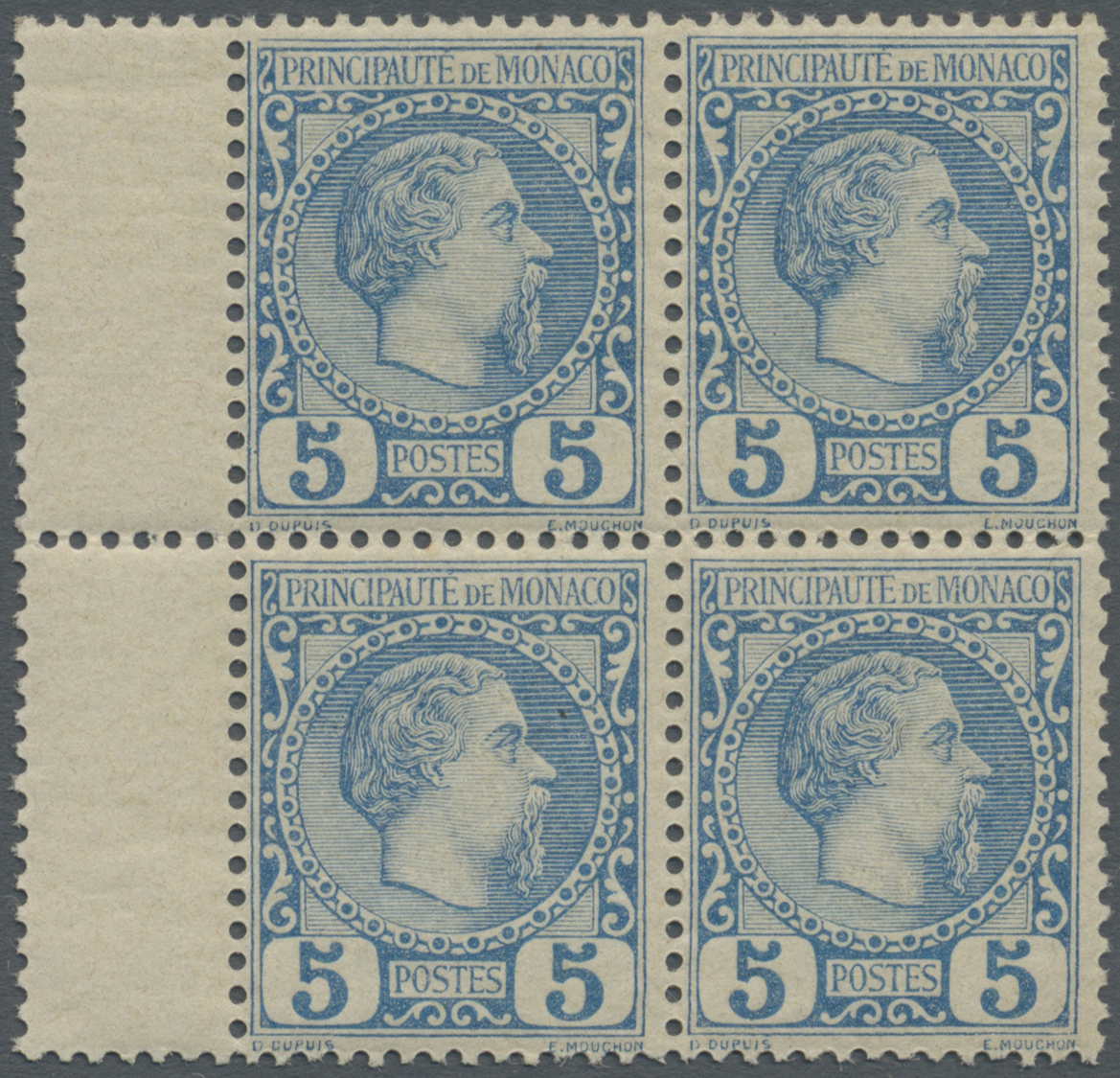 ** Monaco: 1885, 5 C Blue In Block Of Four With Gutter Left, Mint Never Hinged - Neufs