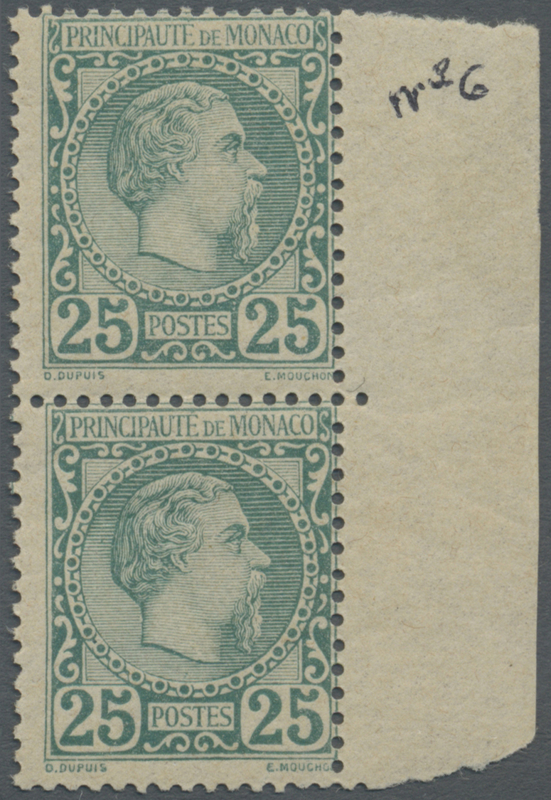 ** Monaco: 1885, 25 C. Dunkelbläulichgrün Als Postfrisches Senkrechtes Paar Vom Rechten Bogenrand, Untere Marke S - Neufs