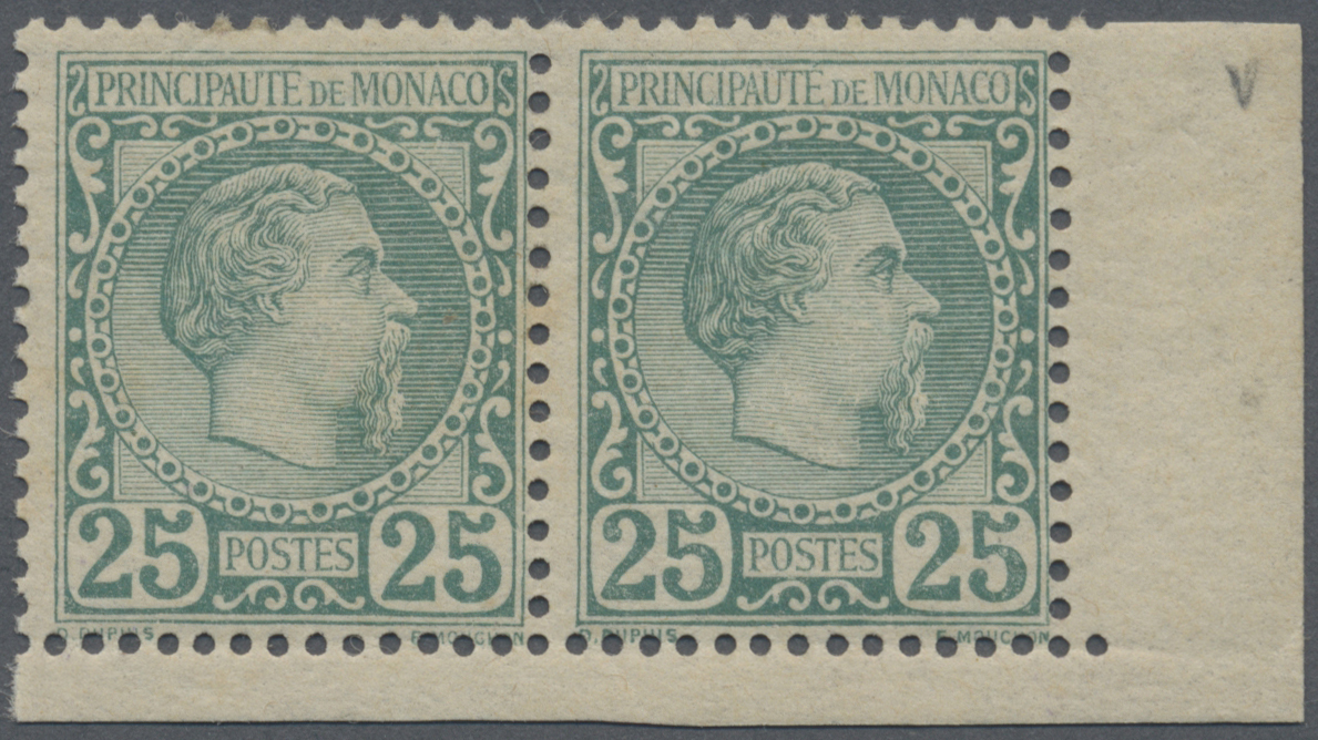 * Monaco: 1885, 25c. Bluish Green, Horiz. Pair From The Lower Right Corner Of The Sheet, Mint O.g. Previously Hi - Neufs