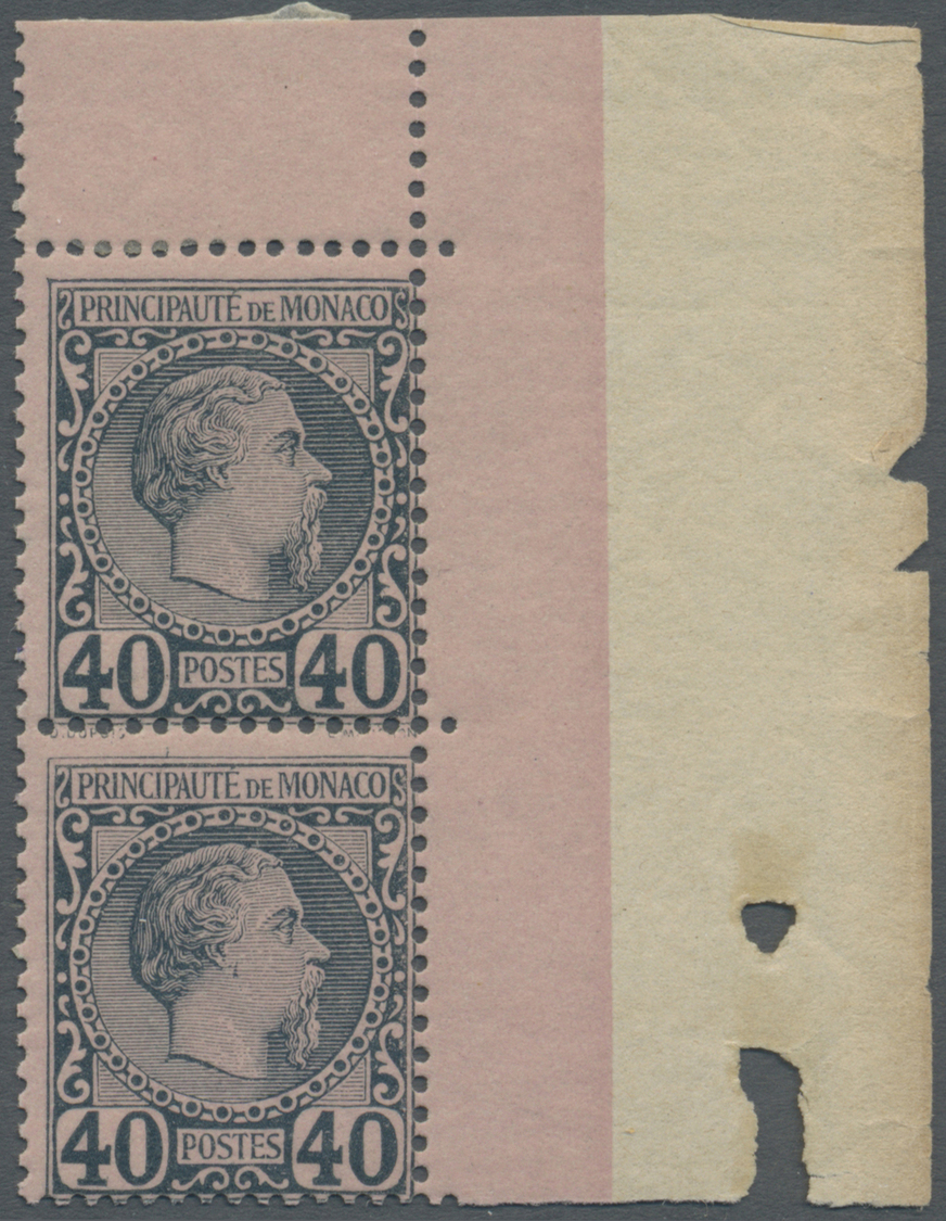 ** Monaco: 1885, 40 C Blue On Rose Vertical Corner Margin Pair, Hinge In Margin - Unused Stamps