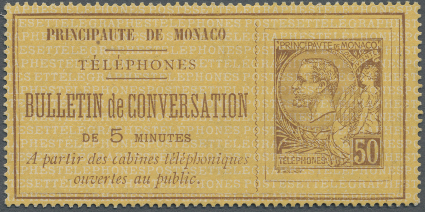 (*) Monaco: 1886, 50 C "BULLETIN De CONVERSATION De 5 MINUTES" Unused Without Gum - Unused Stamps