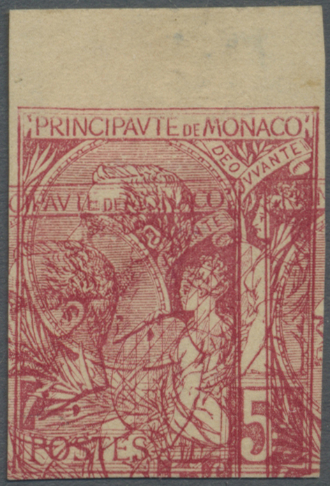 (*) Monaco: 1891, 5 Fr Carmine Imperf Color Proof On Withe Paper White Double Print, Unused Without Gum, Signed - Neufs