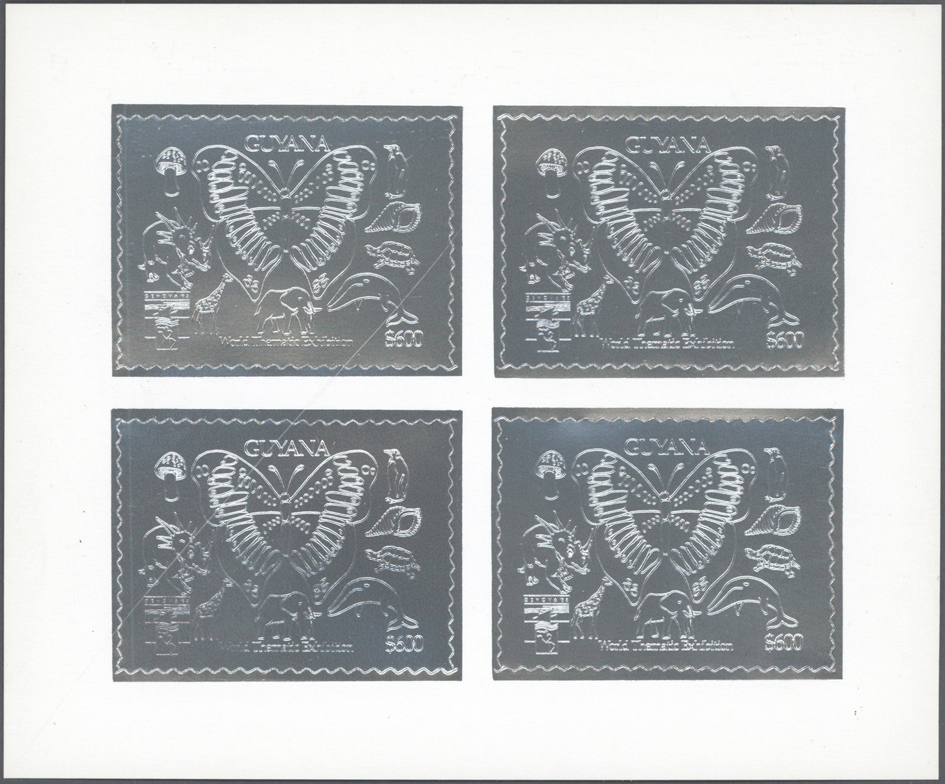 ** Guyana: 1992, International Stamp Exhibition GENOVA'92 complete set of 18 GOLD and SILVER thematic stamps in sheetlet