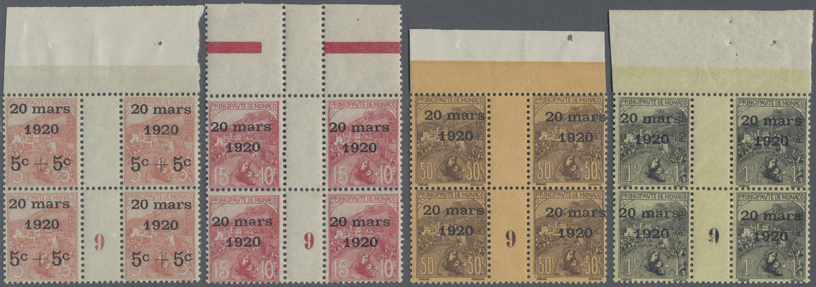 **/ Monaco: 1920, Hochzeit Der Prinzessin Charlotte, 8 Werte Im Viererblock, Meist Als Zwischenstegpaare (teils An - Unused Stamps