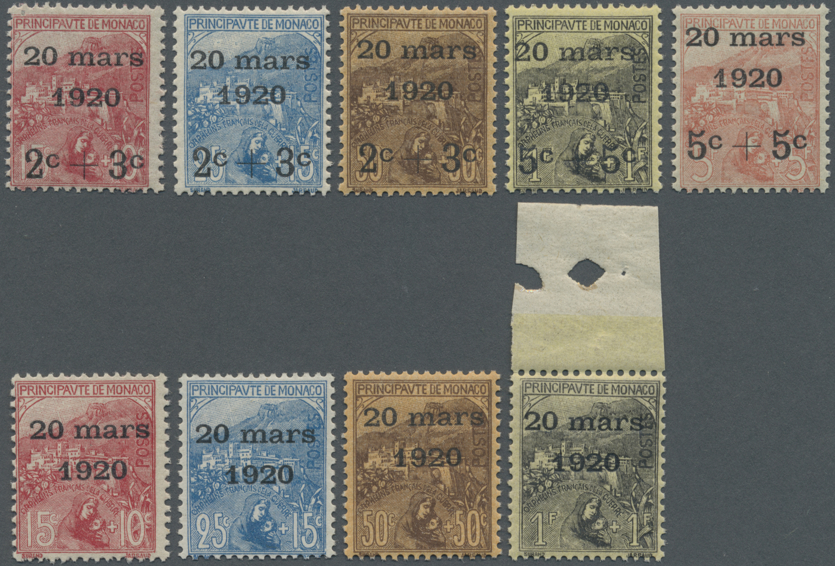 ** Monaco: 1920, 2C+3C To 5C+5C Overprint And 15C To 1Fr Complete (without 5Fr+5Fr), Mint Never Hinged - Unused Stamps