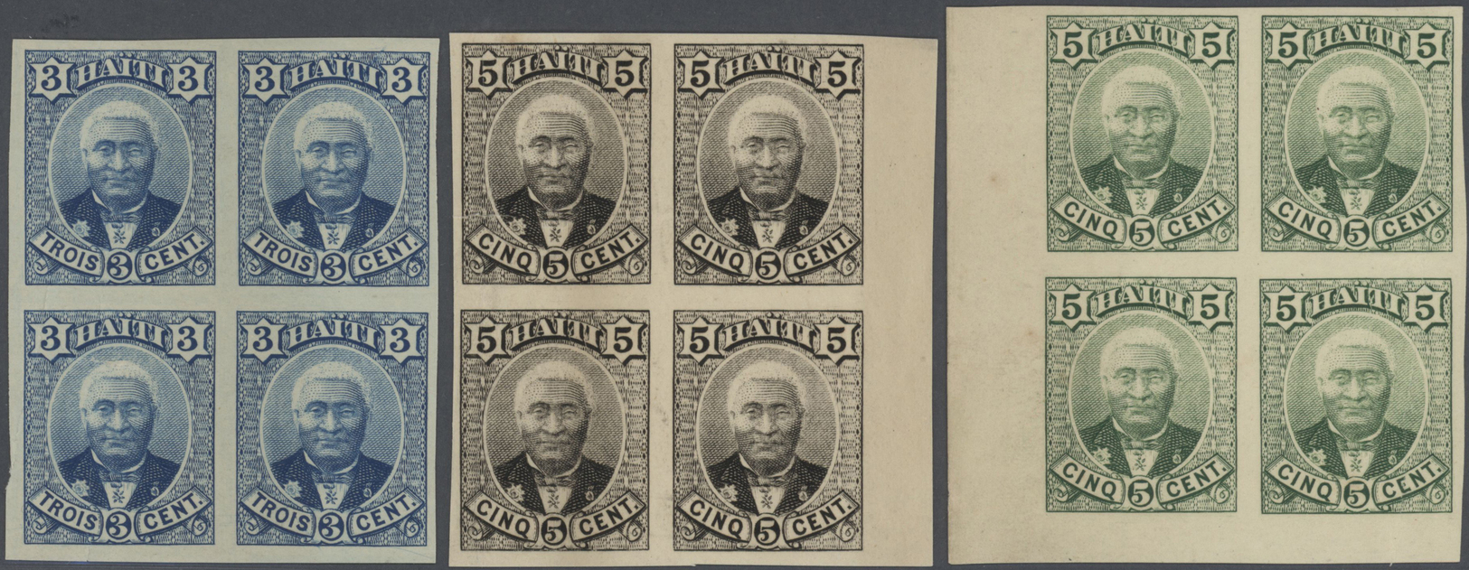 **/(*) Haiti: 1887. Lot Of 3 Color Proofs In Blocks Of 4 "Salomon". Mint And No Gum Res. Folds. - Haiti