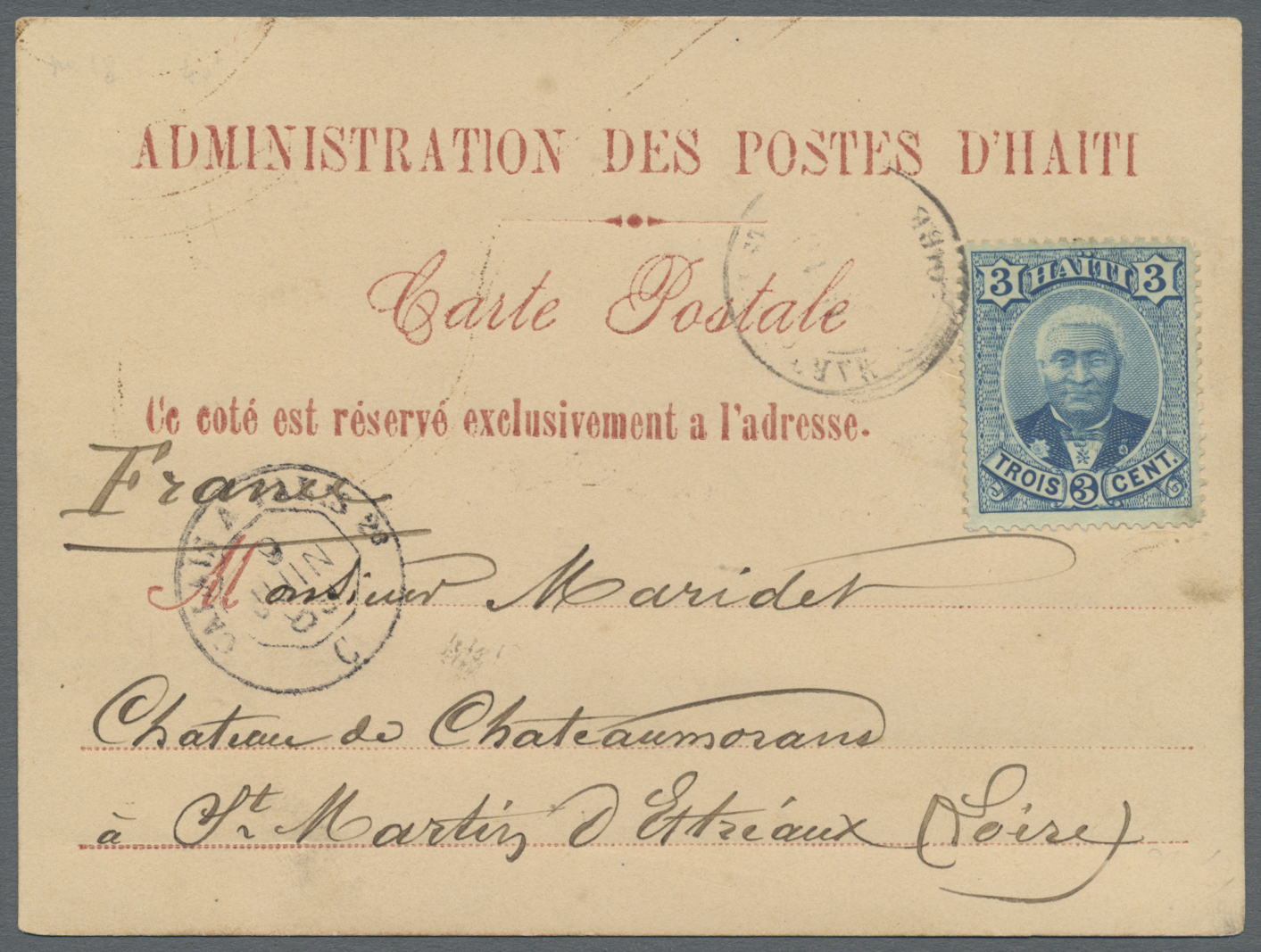 Br Haiti: 1889. Postal Card Headed 'Administration Des Postes D'Haiti' Addressed To France Bearing Yvert 18, 3c Blue Tie - Haiti