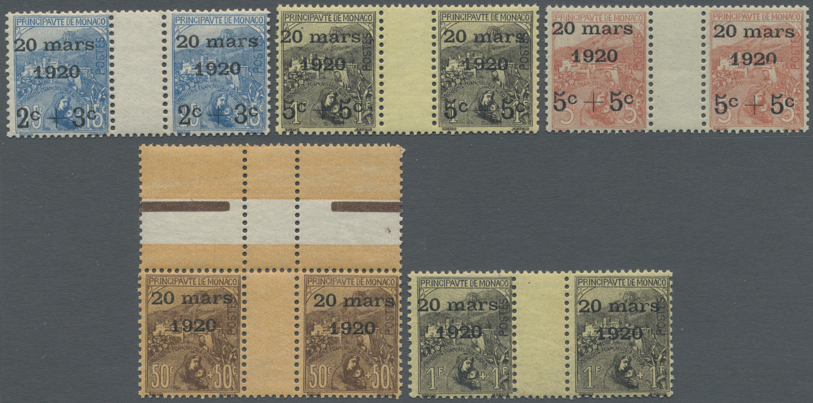** Monaco: 1920, Five Gutter Pairs Ex Michel-No. 34/43 (wedding), Mint Never Hinged - Unused Stamps