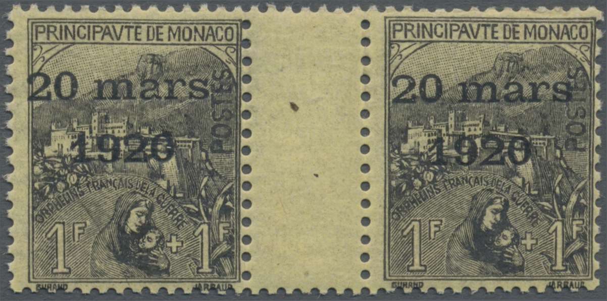 ** Monaco: 1920, 20 Mars On 1 Fr Gutter Pair, Mint Never Hinged - Neufs