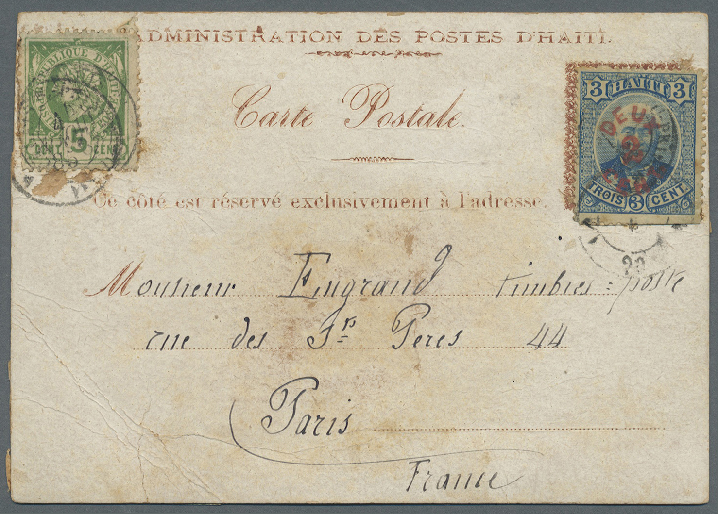 GA Haiti: 1898. Postal Stationery Card Addressed To France Bearing Haiti Yvert 10, 5c Green And Yvert 20, 2c On 3c Blue  - Haiti