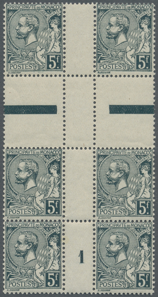 ** Monaco: 1921, 5 Fr Dark Green Center Piece In Block Of Six, Fold In The Upper Perforation, Mint Never Hinged - Neufs