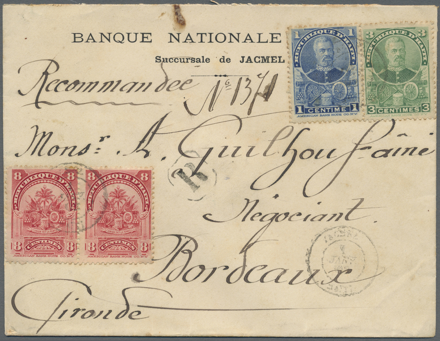 Br Haiti: 1902. Registered Envelope Addressed To France Bearing Yvert 47, 3c Blue, Yvert 51, 3c Green And Yvert 56, 8c C - Haïti