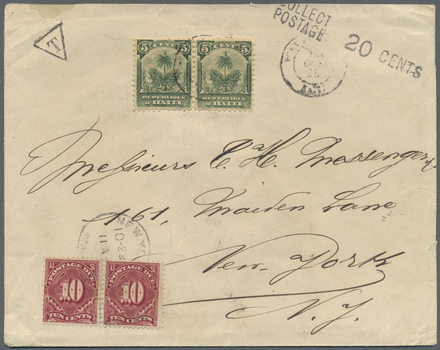 Br Haiti: 1905. Envelope. Parts Of Flap Missing, Addressed To New York Bearing Yvert 42, 5c Green (pair) Tied By Port Au - Haiti