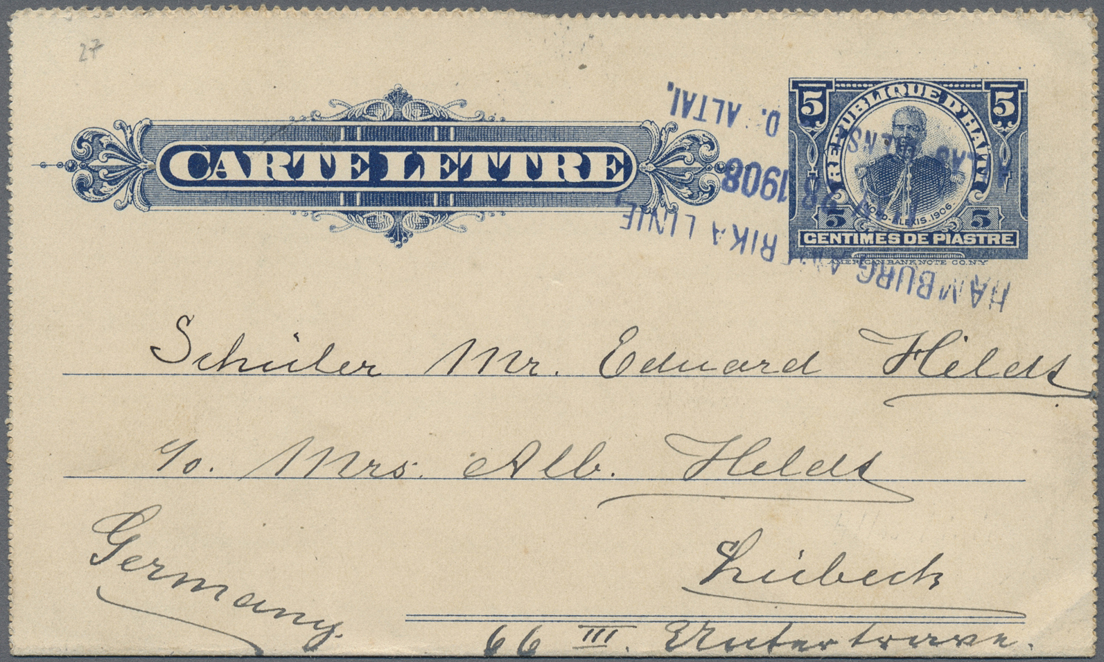 GA Haiti: 1908, Postal Stationery Letter Card 5 C. Used With Blue Three-line "HAMBURG-AMERIKA LINIE MAY 28.1908 ATLAS DI - Haiti