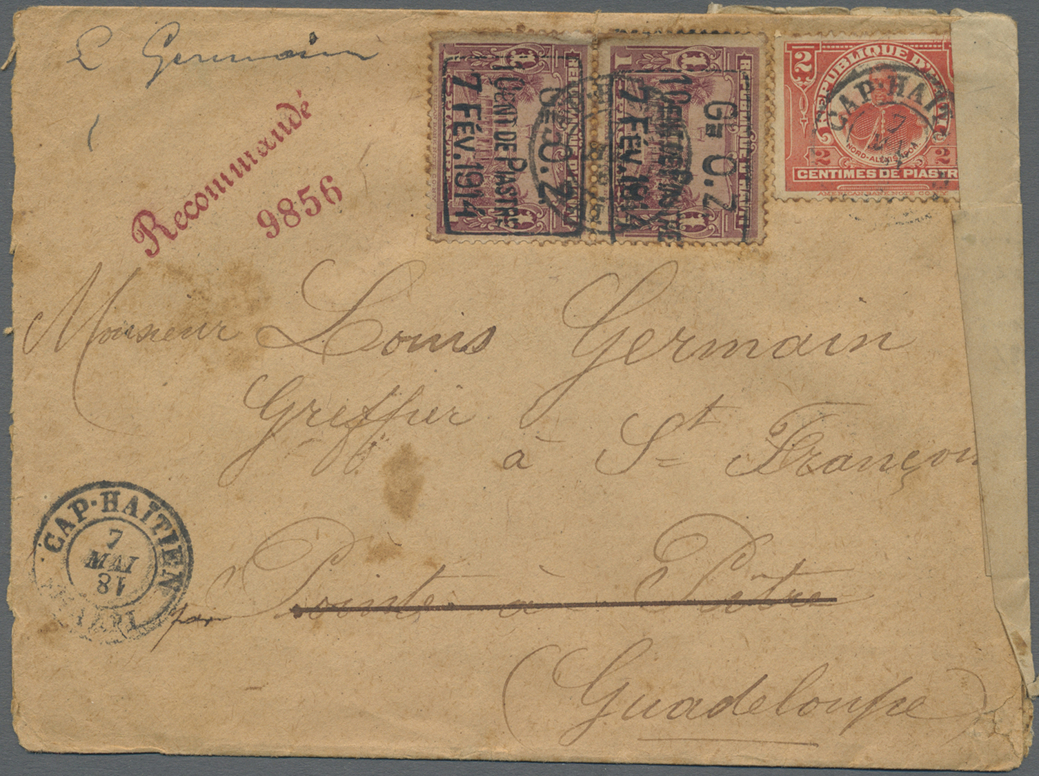 Br Haiti: 1918. Soiled, Registered Envelope Addressed To Pointe A Pitre, Guadeloupe Bearing Yvert 134, 1c Carmine And Yv - Haiti