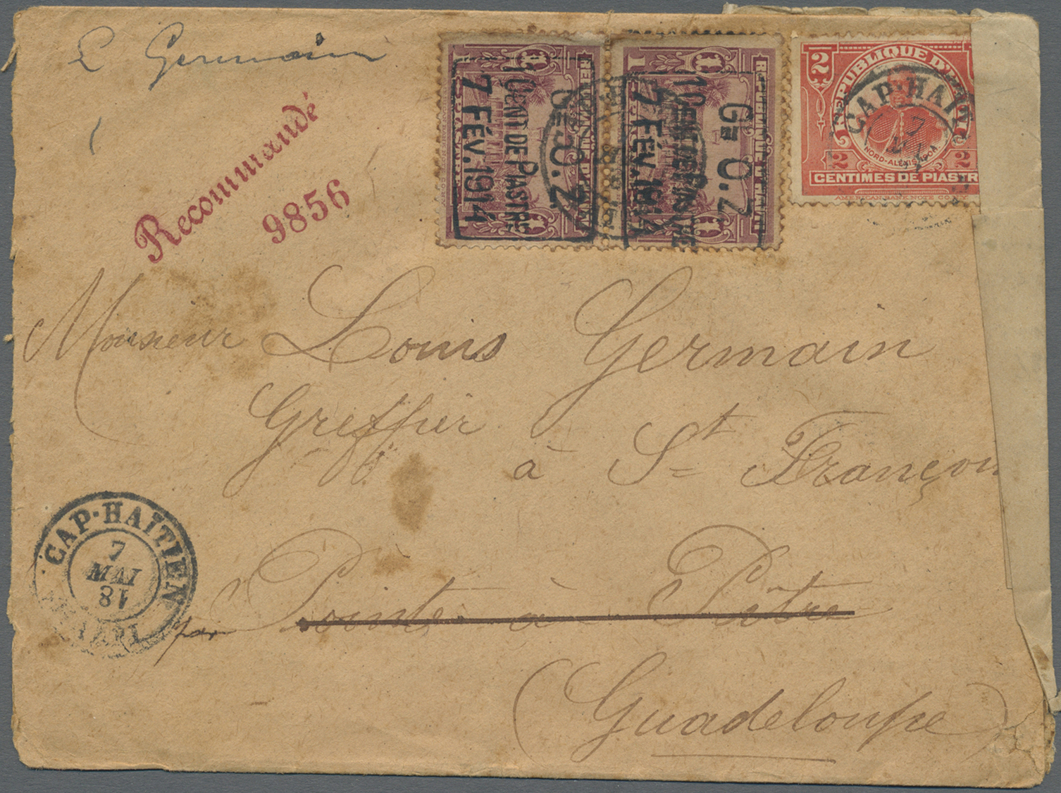 Br Haiti: 1918. Soiled, Registered Envelope Addressed To Pointe A Pitre, Guadeloupe Bearing Yvert 134, 1c Carmine And Yv - Haïti