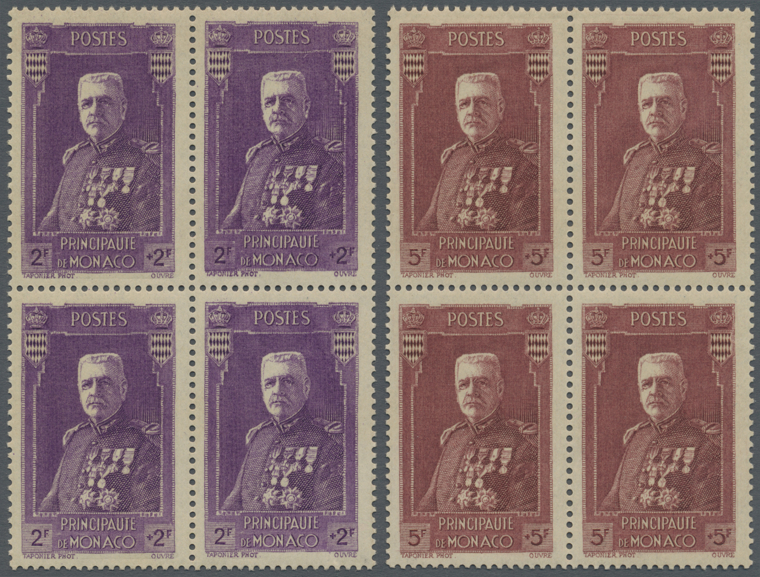 ** Monaco: 1937, 50 C+50 C To 5 Fr+5 Fr Complete In Block Of Four, Mint Never Hinged, Mi 880.- - Neufs