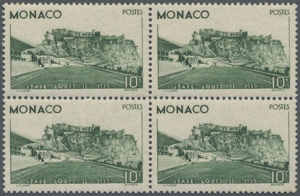 ** Monaco: 1939, 10 Fr Dark Green In Block Of Four Mint Never Hinged - Neufs