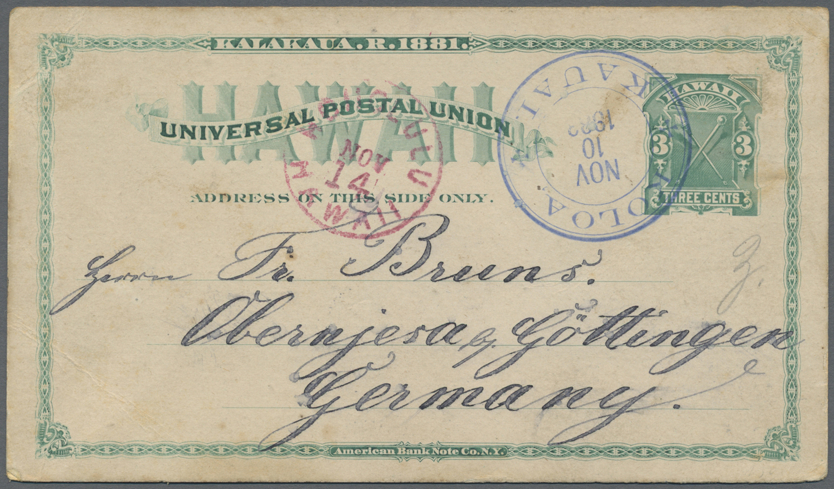 GA Hawaii - Stempel: 1883, 3c. Green Postal Stationery Card Written In Ekele Plant And Tied By Blue "KOLOA KAUAI NOV 10  - Hawaii