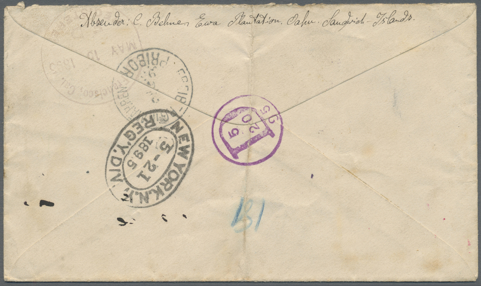 Br Hawaii - Stempel: 1895, 10c. Yellow Green Pair On Registered Cover Tied By Violet "HONOULIULI OA.HU." Cds., Rose "A.R - Hawaii