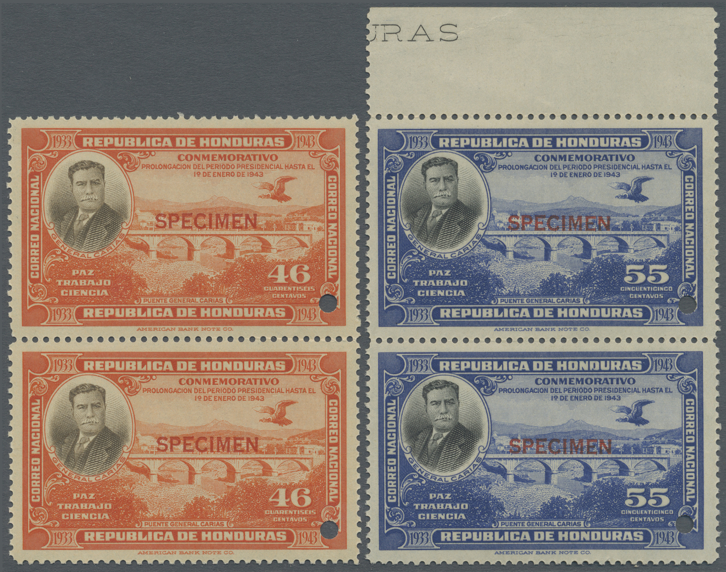 ** Honduras: 1937, President Tiburcio Carias, Complete Set In Vertical Pairs With ABN Specimen Overprint And Punching, U - Honduras