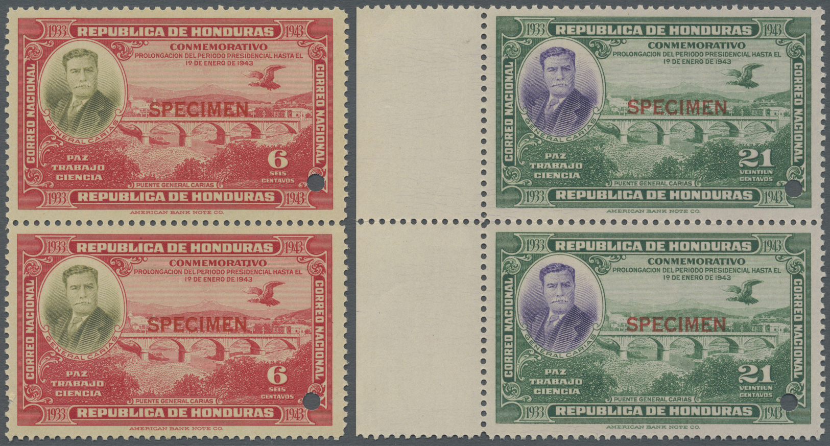 ** Honduras: 1937, President Tiburcio Carias, Complete Set In Vertical Pairs With ABN Specimen Overprint And Punching, U - Honduras