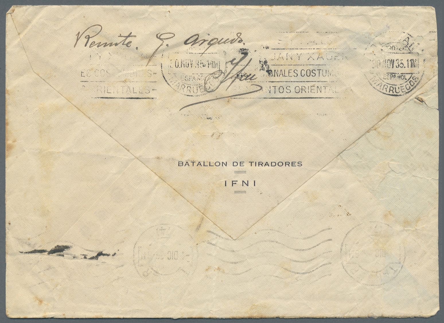 Br Ifni: 1935. Stampless Military Mail Envelope (minor Faults) From The 'Batallón De Tiradores/Ifni' Addressed To Tanger - Ifni