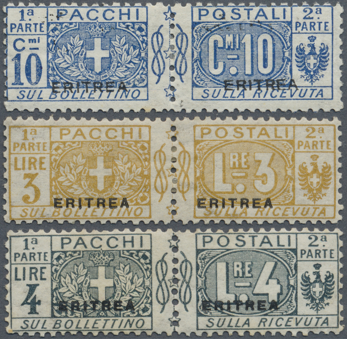 * Italienisch-Eritrea: PAKETMARKEN: 1916, Wappen Und Wertziffer Mit Kurzen Aufdruck 'ERITREA' (10 Mm) 10 C. Blau, 3 Lire - Eritrea