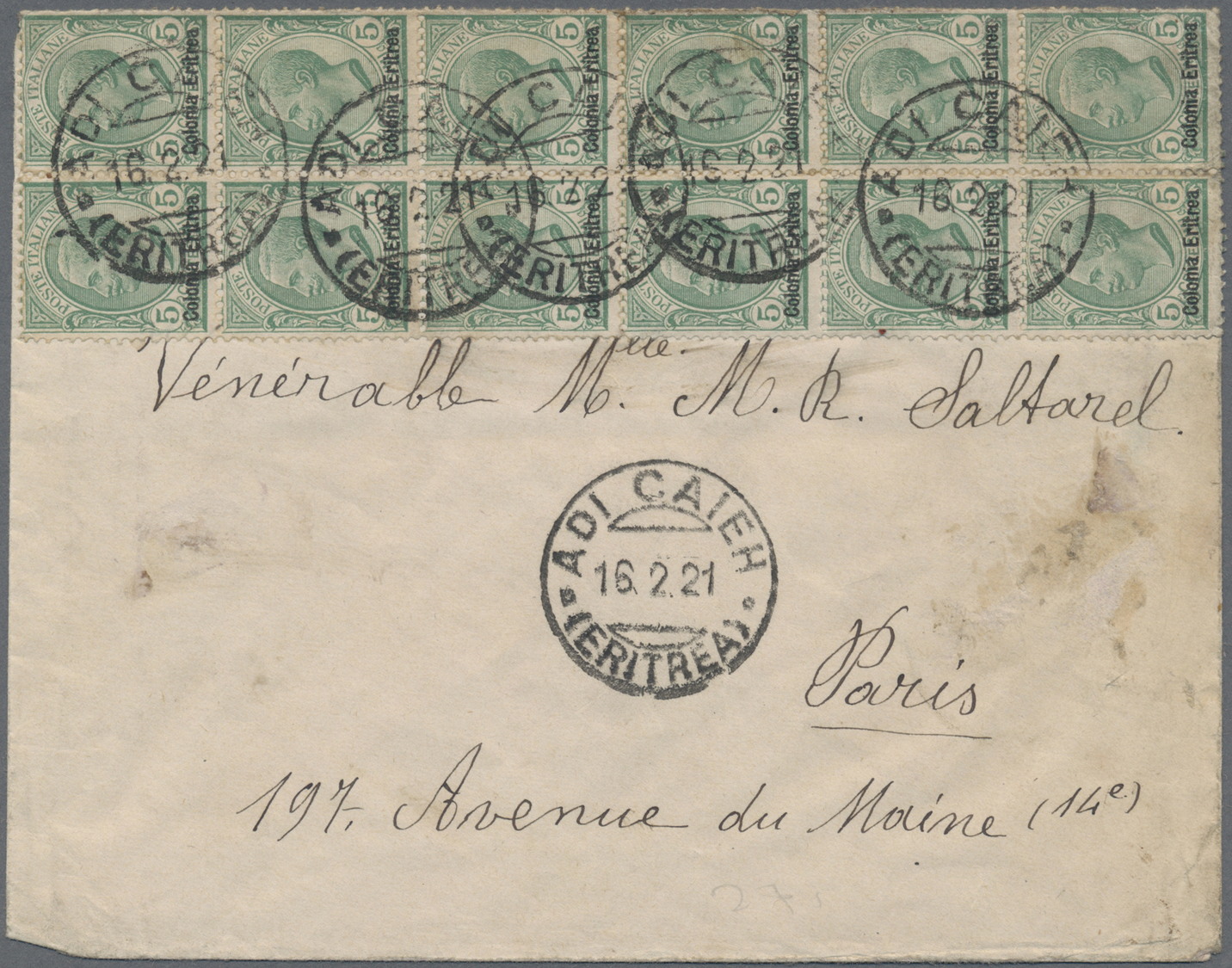 Br Italienisch-Eritrea: 1921. Envelope Addressed To Paris, France Yvert 31, 5c Green (block Of 12) Tied By Adi Caieh/Eri - Eritrea