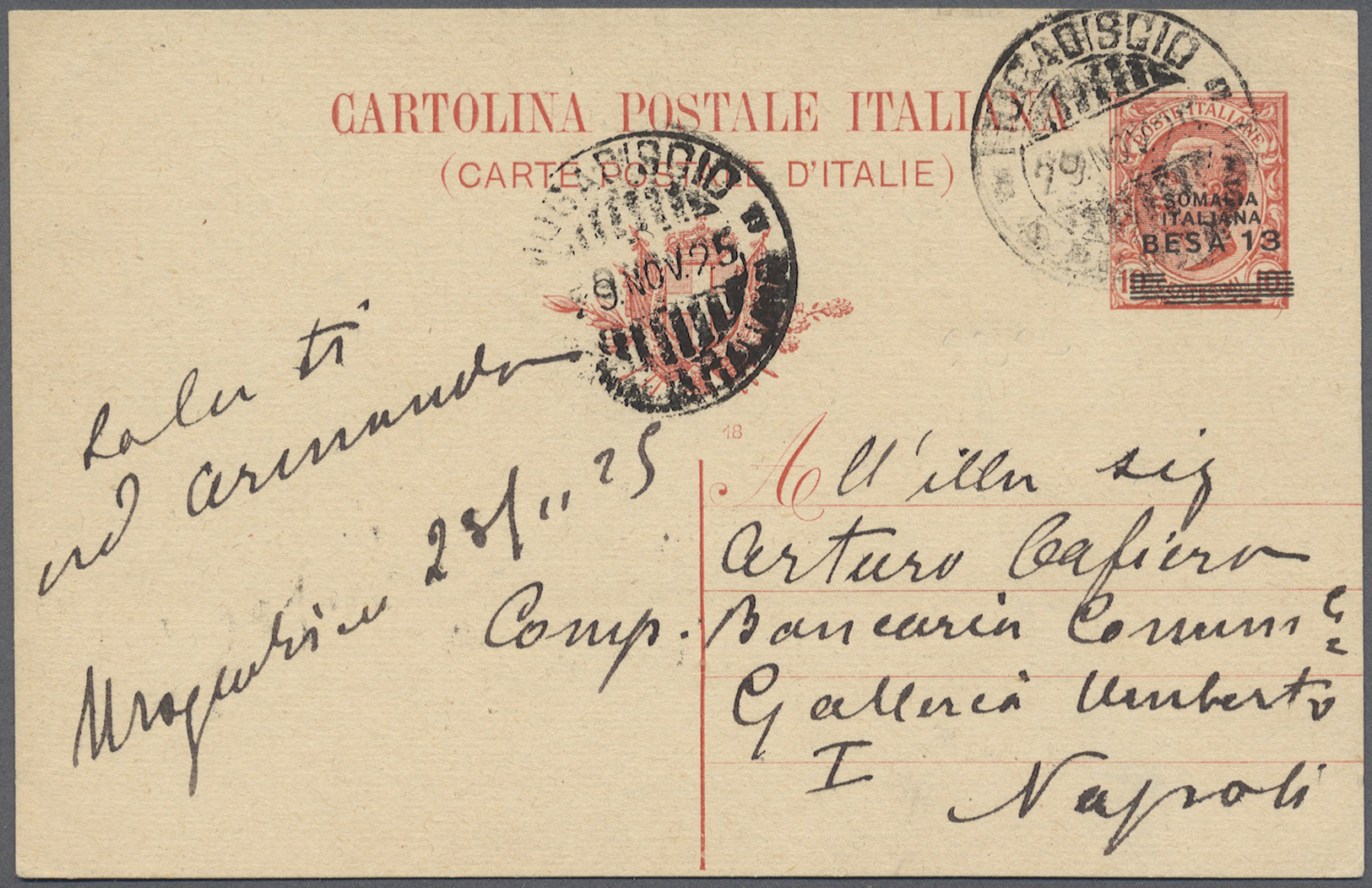 GA Italienisch-Somaliland: 1925. Italian Somaliland Postal Stationery Card 13 Besa On 10c Red Addressed To Napoli Cancel - Somalia
