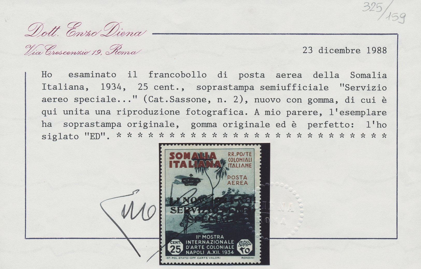 * Italienisch-Somaliland - Dienstmarken: 1934, "SERVICIO AERO SPECIALE" Overprint On 25c. Dark Blue/orange, Mint O.g. Pr - Somalia