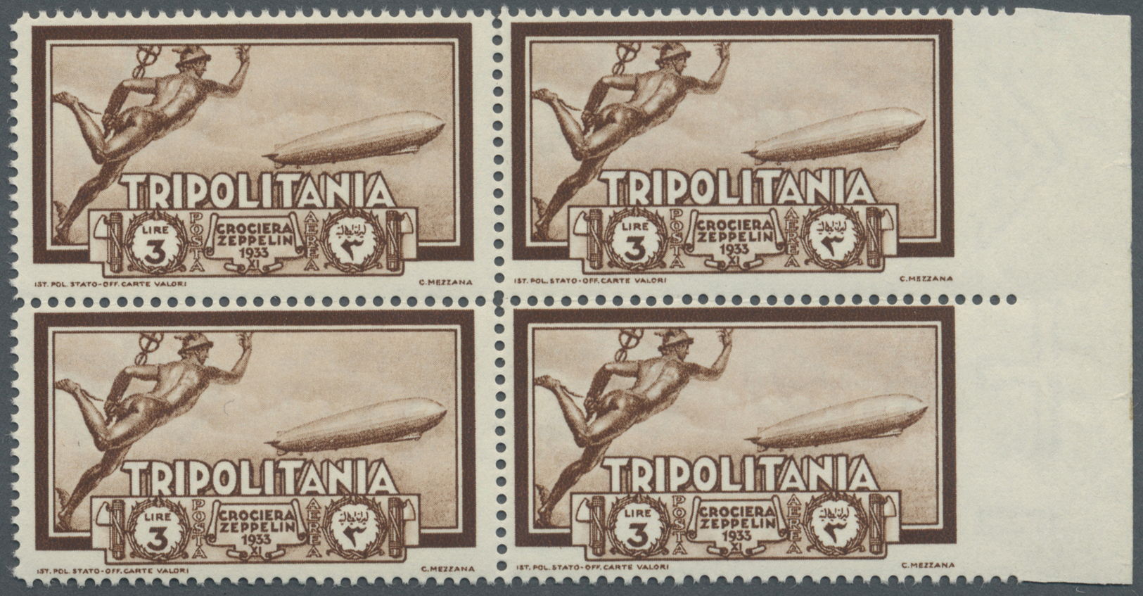 ** Italienisch-Tripolitanien: 1933, 3 Lire Zeppelin Als Postfrischer 4-er Block Vom Rechten Seitenrand Mit Zwei Marken R - Tripolitania