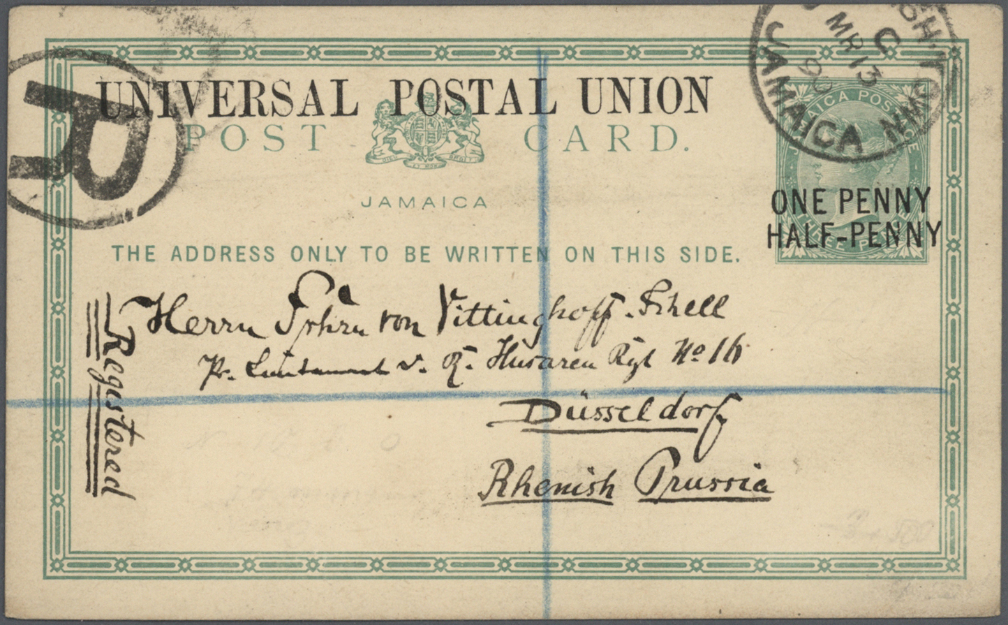 GA Jamaica: 1879, Stationery Card "ONE PENNY HALF-PENNY" On 3 D. Green Sent Registered From "JAMAICA MR 13 90" To Düssel - Jamaique (1962-...)