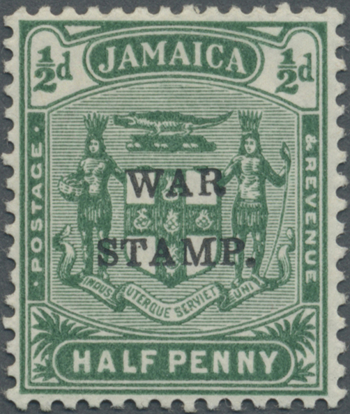 * Jamaica: 1916, ½ P. Blaugrün Mit Aufdruck "WAR STAMP", Abart "R Inserted By Hand", Ungebraucht, Eine Seltene Abart. Pr - Jamaica (1962-...)