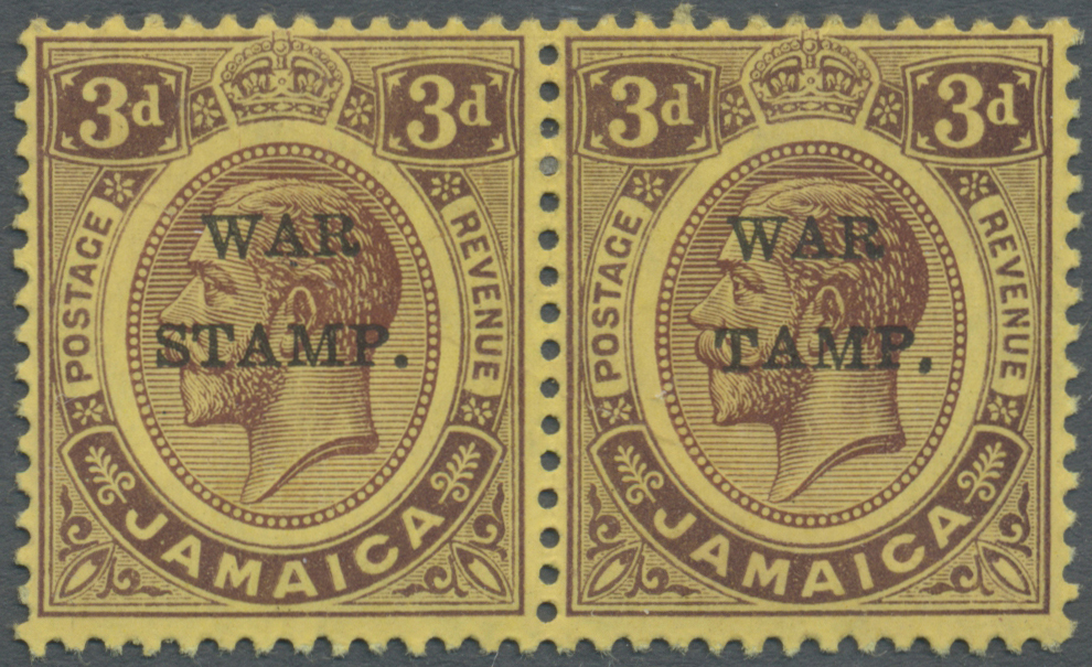 * Jamaica: 1916, KGV 3d. Purple/lemon With Opt. 'WAR STAMP.' Horiz. Pair With 'S' In 'STAMP' Omitted On Right Stamp, Min - Jamaica (1962-...)