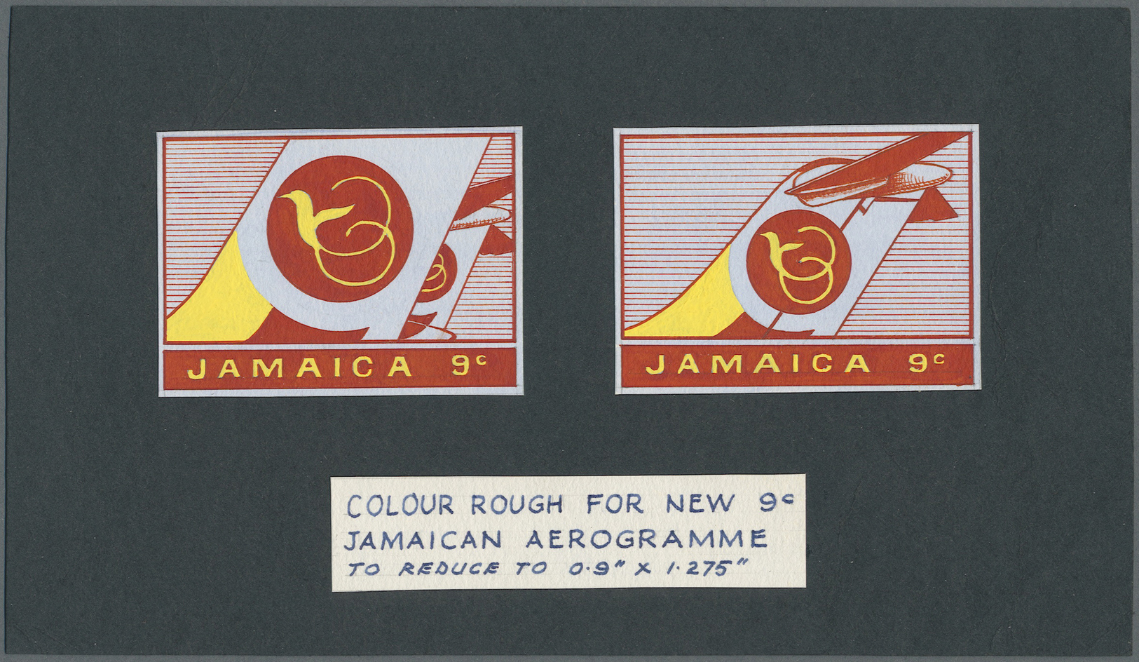 Jamaica: 1970 (ca.), PHOTO PLATES Of The Stamp Impression For An Aerogramme 9c Affixed To Paper With Endorsements And Tw - Jamaica (1962-...)