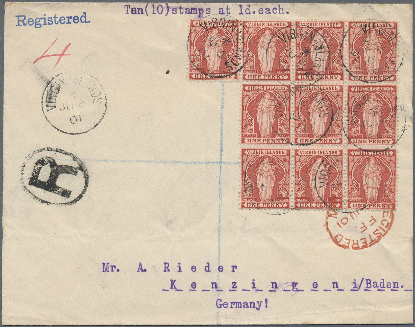 Br Jungferninseln / Virgin Islands: 1901, 1 D Definitive In Block Of Ten An Registered Letter Via London To Germany. Vf. - British Virgin Islands