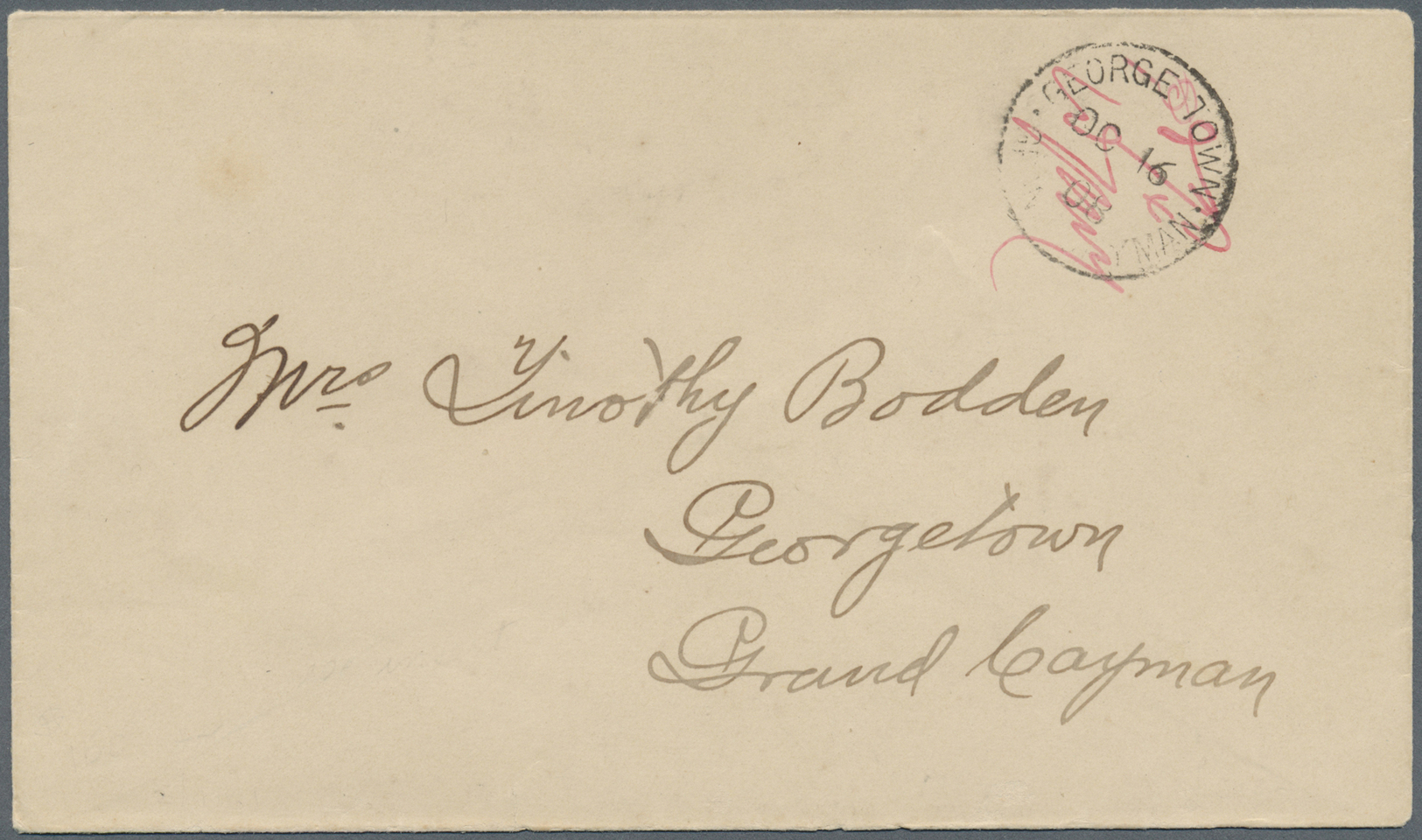 Br Kaiman-Inseln / Cayman Islands: MANUSCRIPT PROVISIONALS: 1908 (16.10.), Local Cover With Red Ms. Endorsement 'Pd 1/4d - Cayman Islands