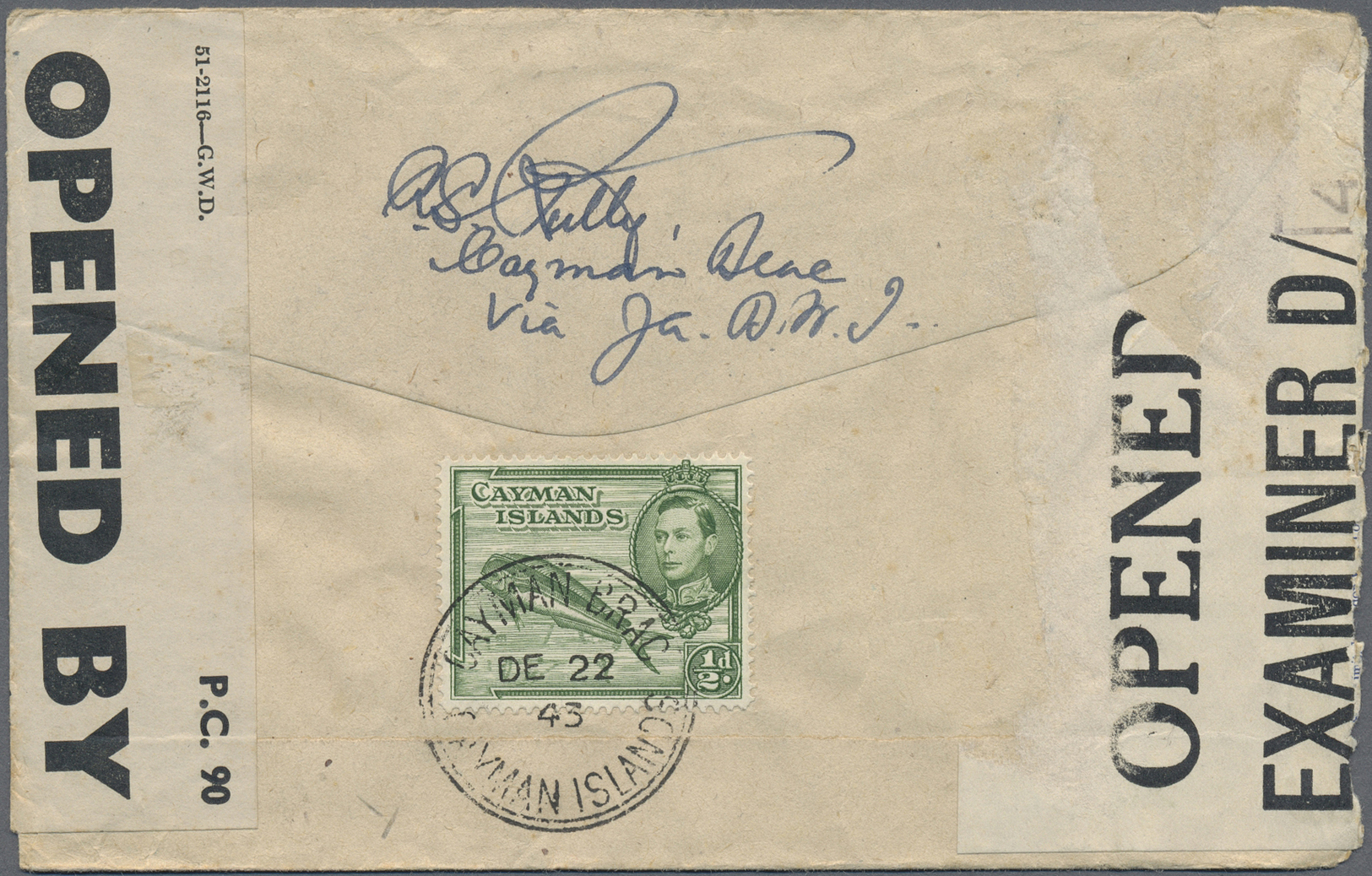 Br Kaiman-Inseln / Cayman Islands: 1943. Air Mail Envelope Addressed To England Bearing SG 116, ½d Green, SG 121, 3d Ora - Cayman Islands