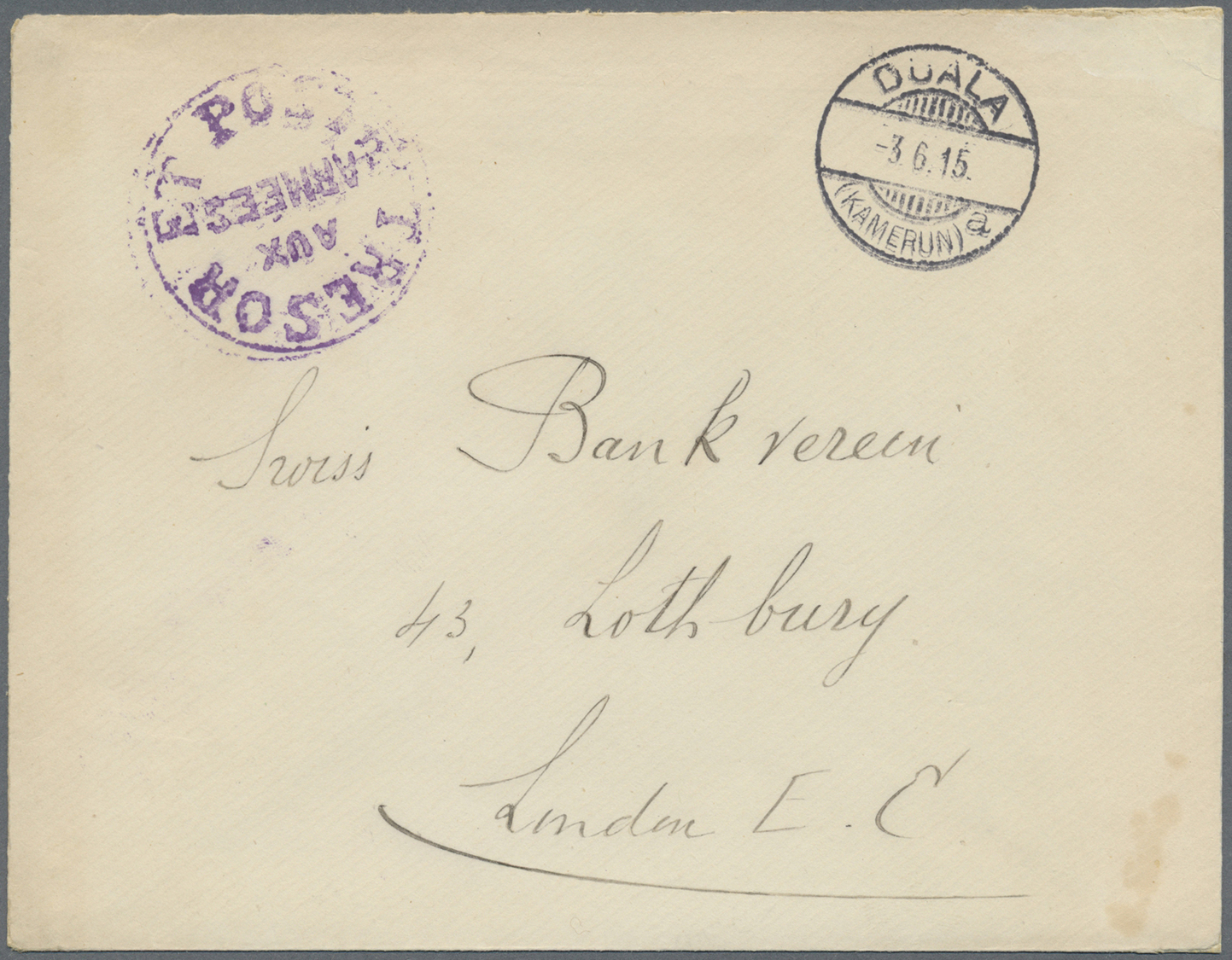 Br Kamerun: 1916 (3.6.), Stampless Cover With Fine German Type 'DUALA / (KAMERUN) A' Pmk. And Violet French 'TRESOR ET P - Cameroon (1960-...)