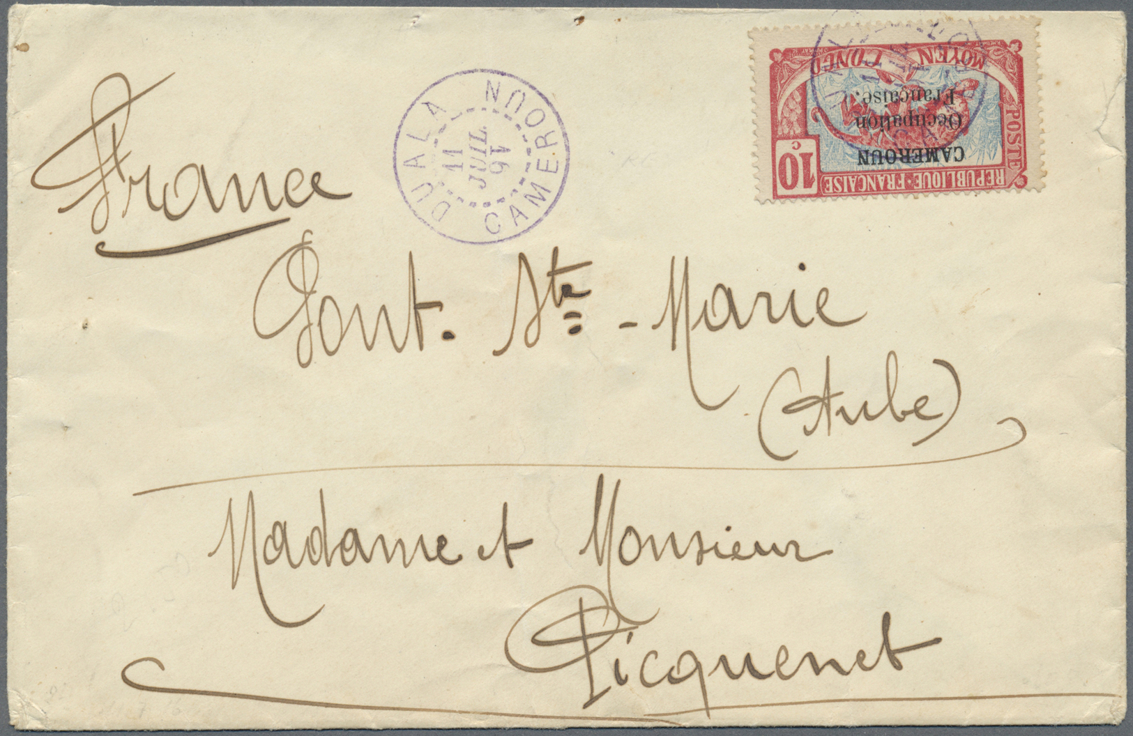 Br Kamerun: FRENCH OCCUPATION: 1916 (11.7.), Middle Congo Leopard 10c. Carmine/blue With Three-line Opt. 'CAMEROUN / Occ - Cameroon (1960-...)